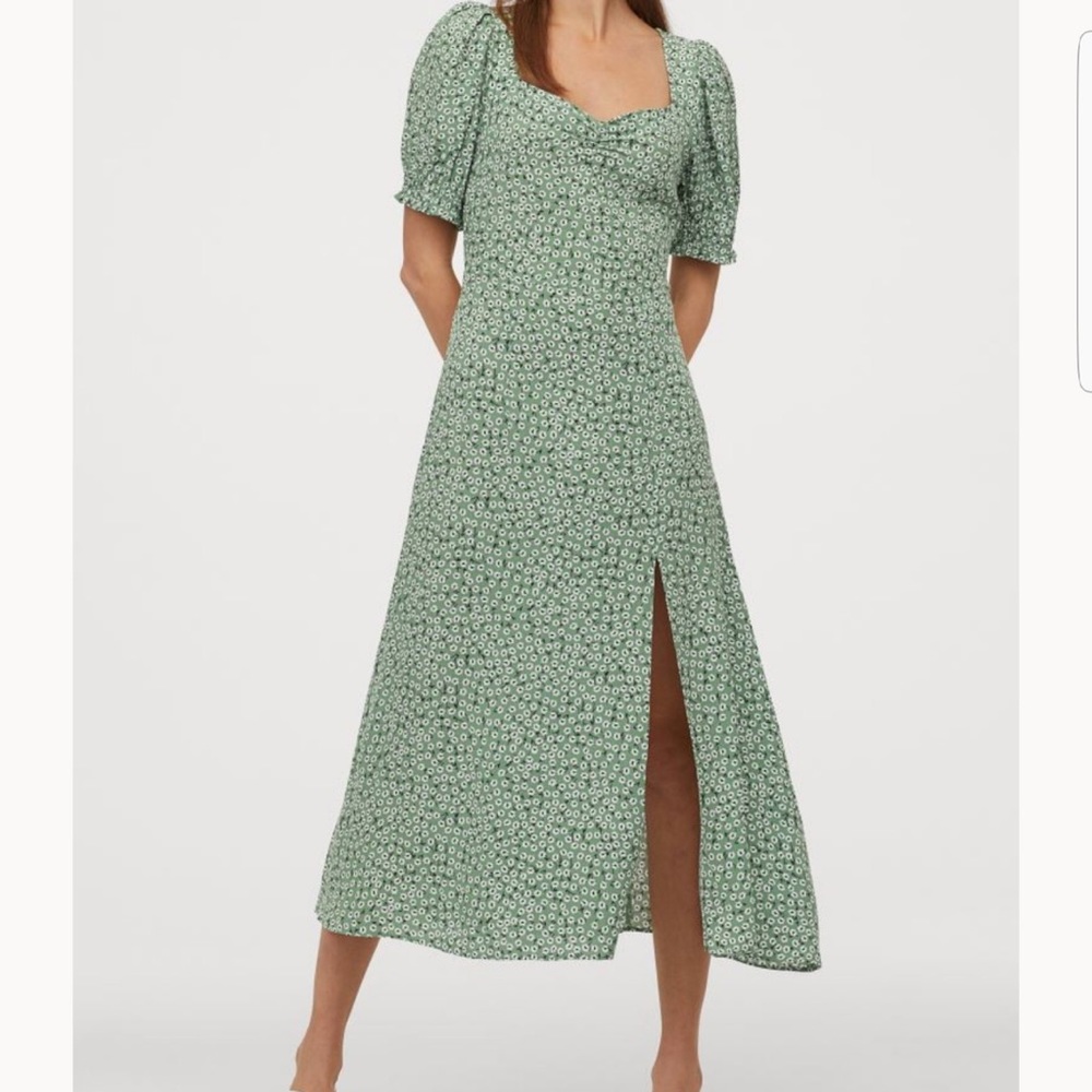 H&M green floral print puff sleeve slit midi dress